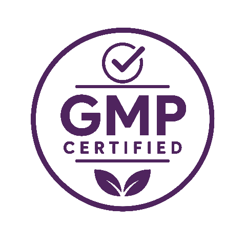A purple circular seal with the text 'GMP CERTIFIED' and a checkmark icon.